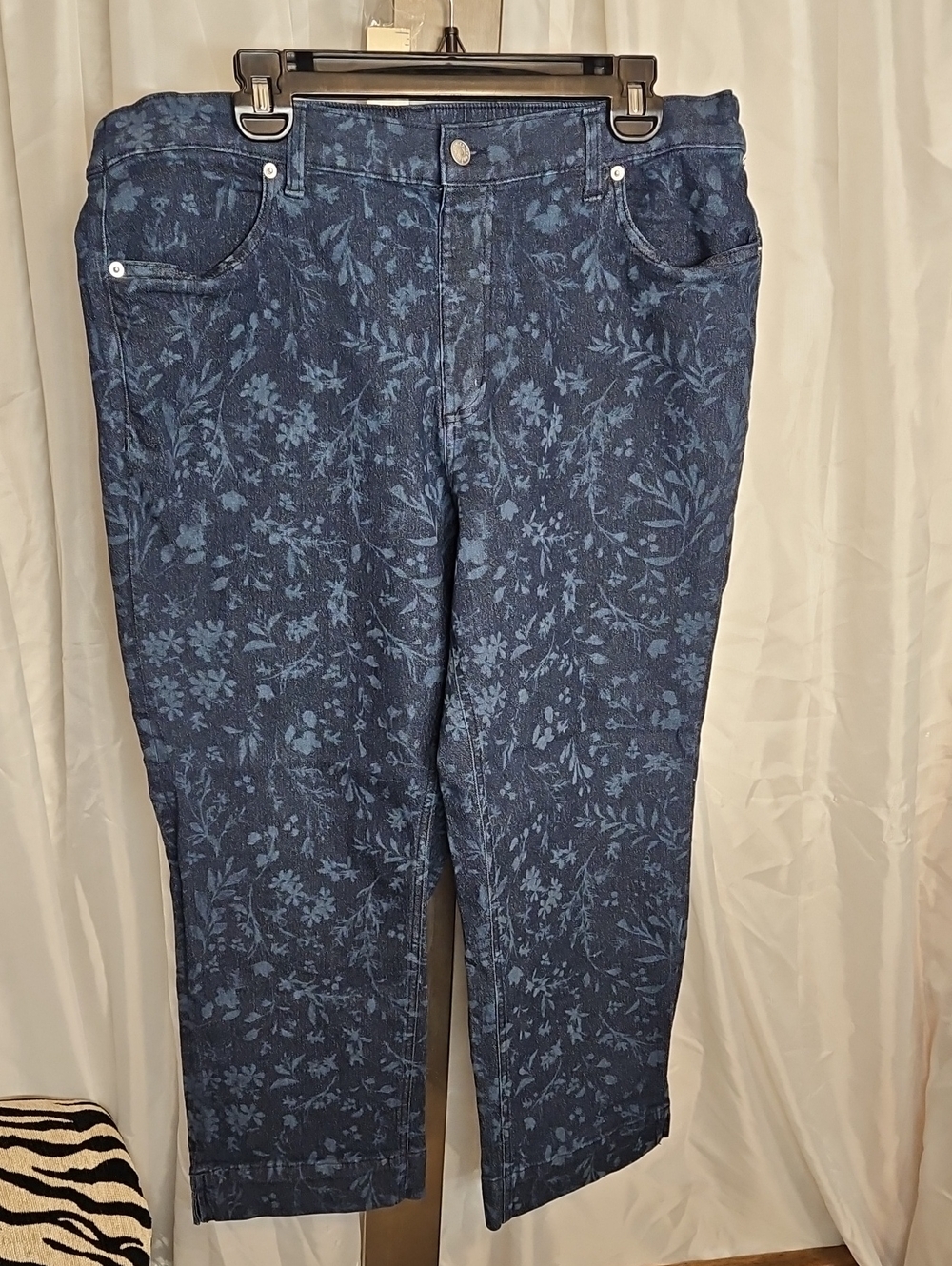 Women's Floral Print Cropped Jeans - Blue 16 - Picture 1 of 4